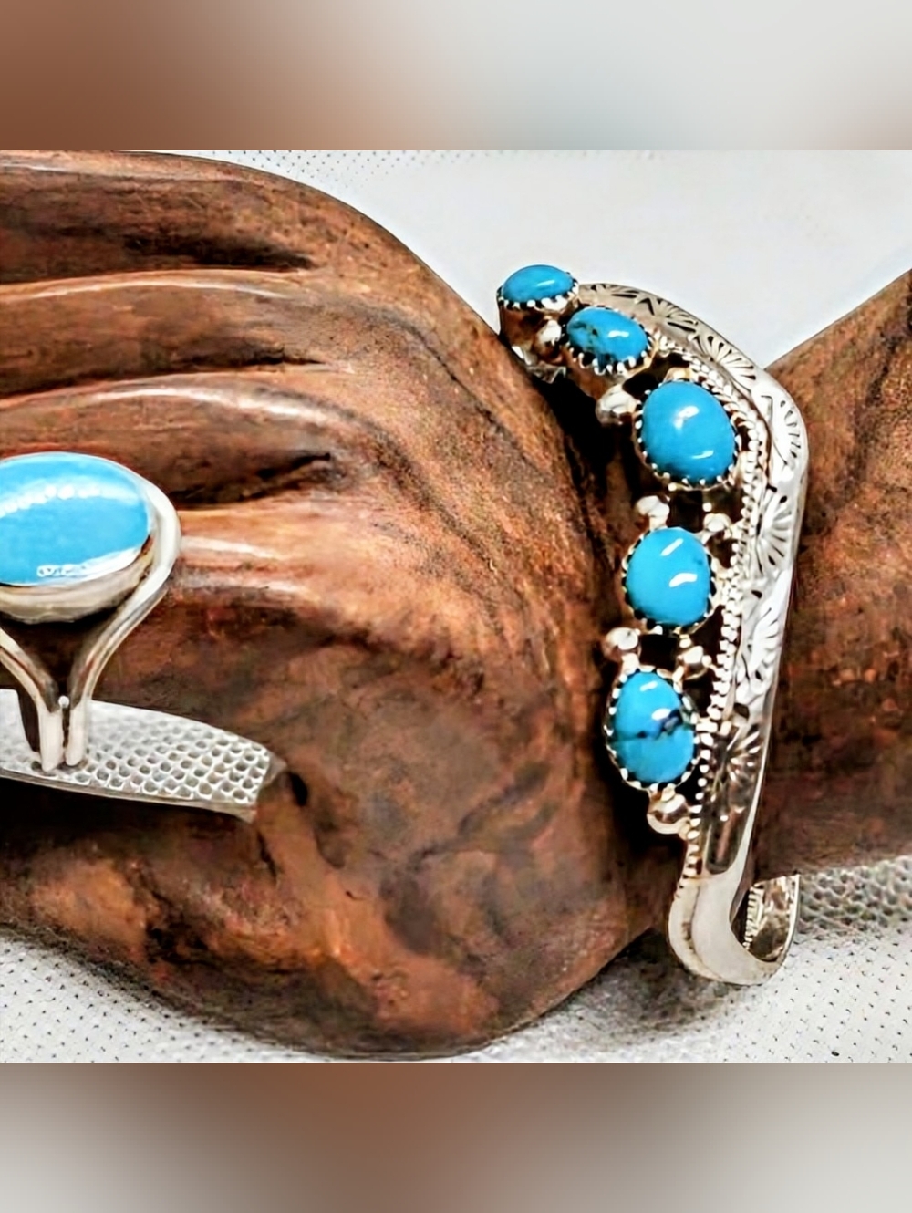 Native Vintage Turquoise & Sterling Stamped Cuff Bracelet Signed F. Yazzie